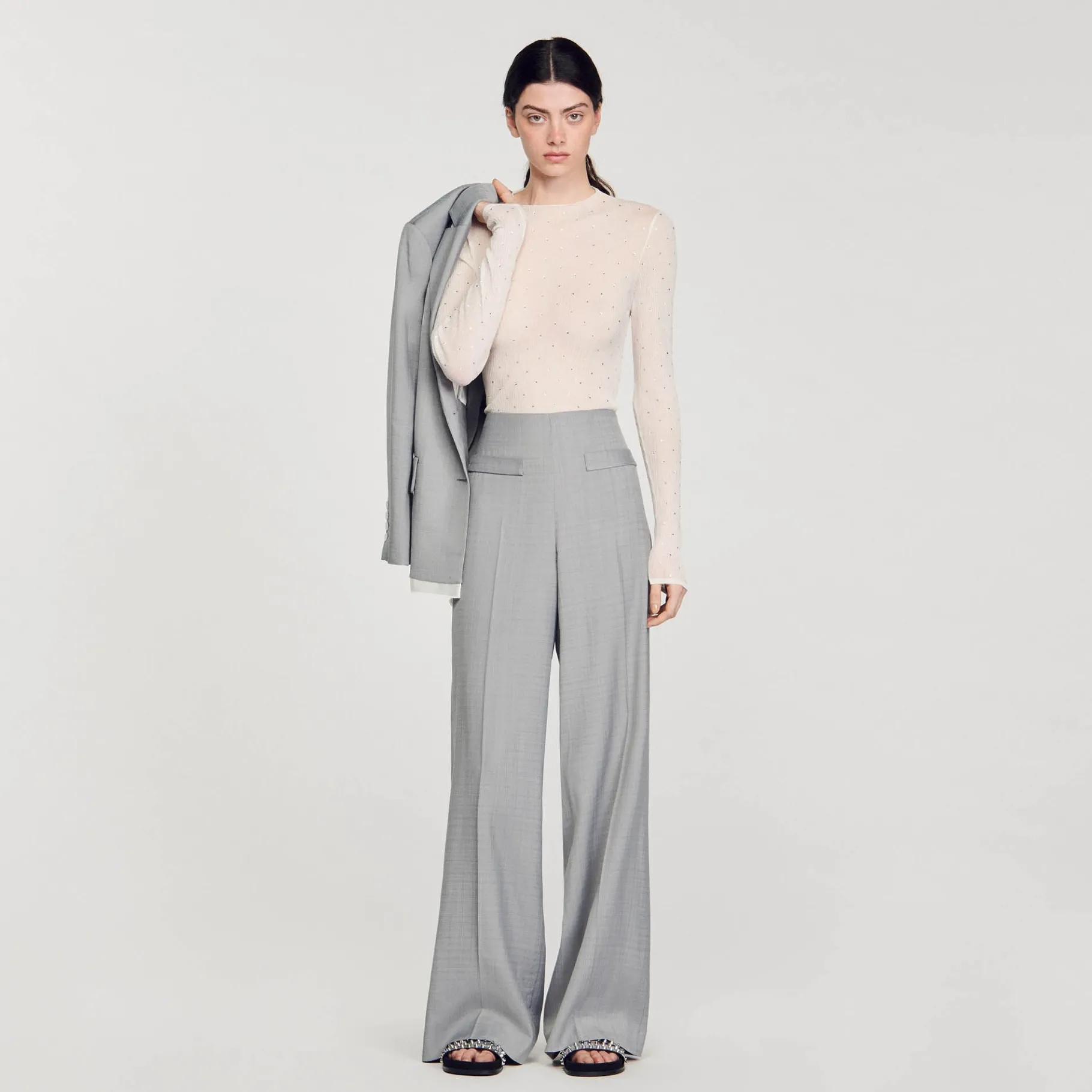 Shop SANDRO Pull Transparent Strassé Ecru