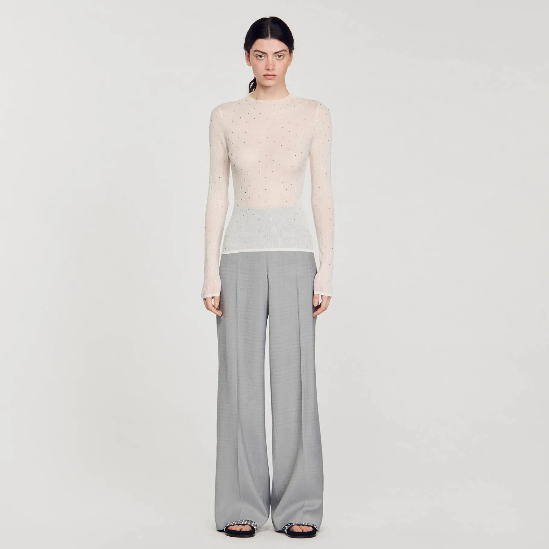 Shop SANDRO Pull Transparent Strassé Ecru