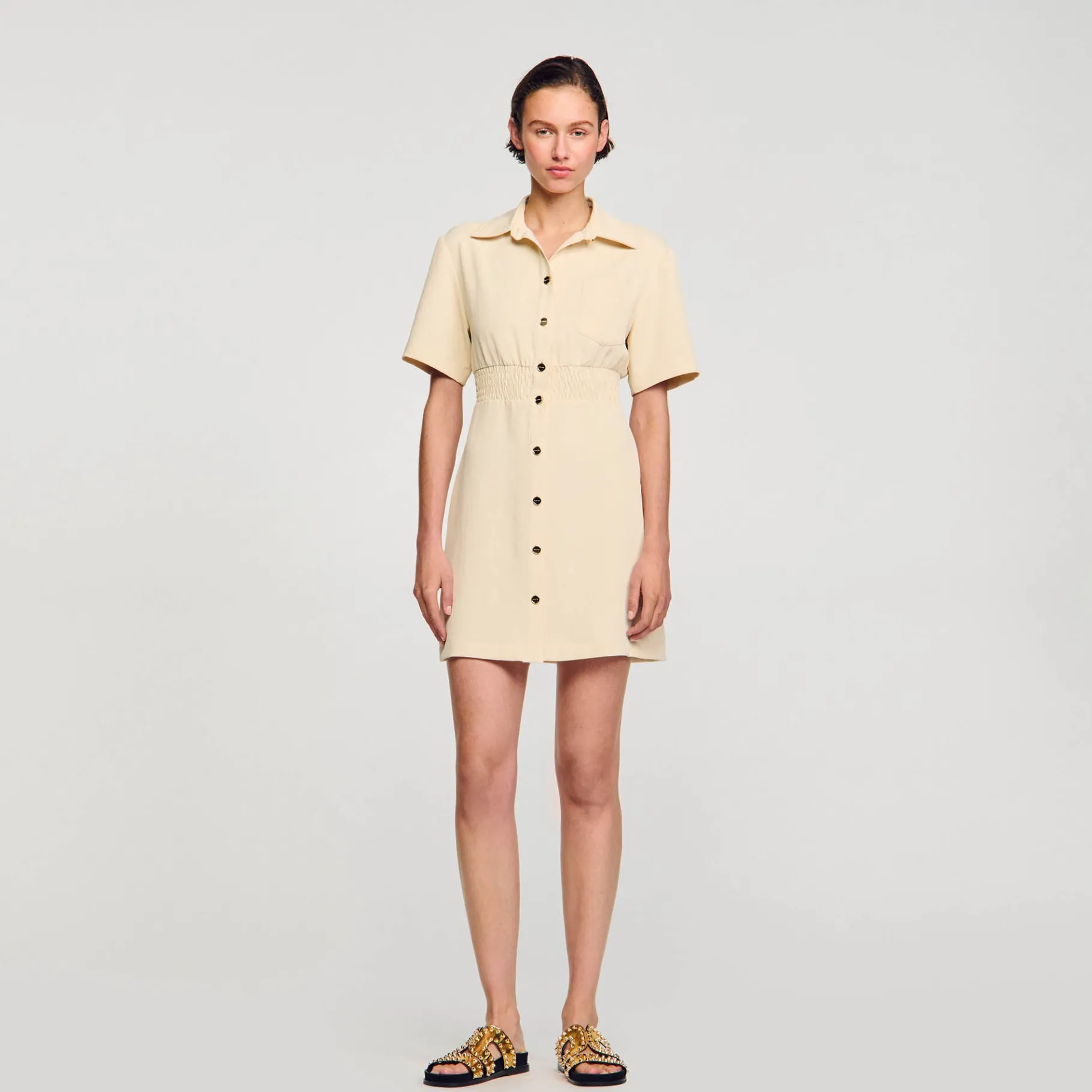 Shop SANDRO Robe Courte Boutonnée Beige
