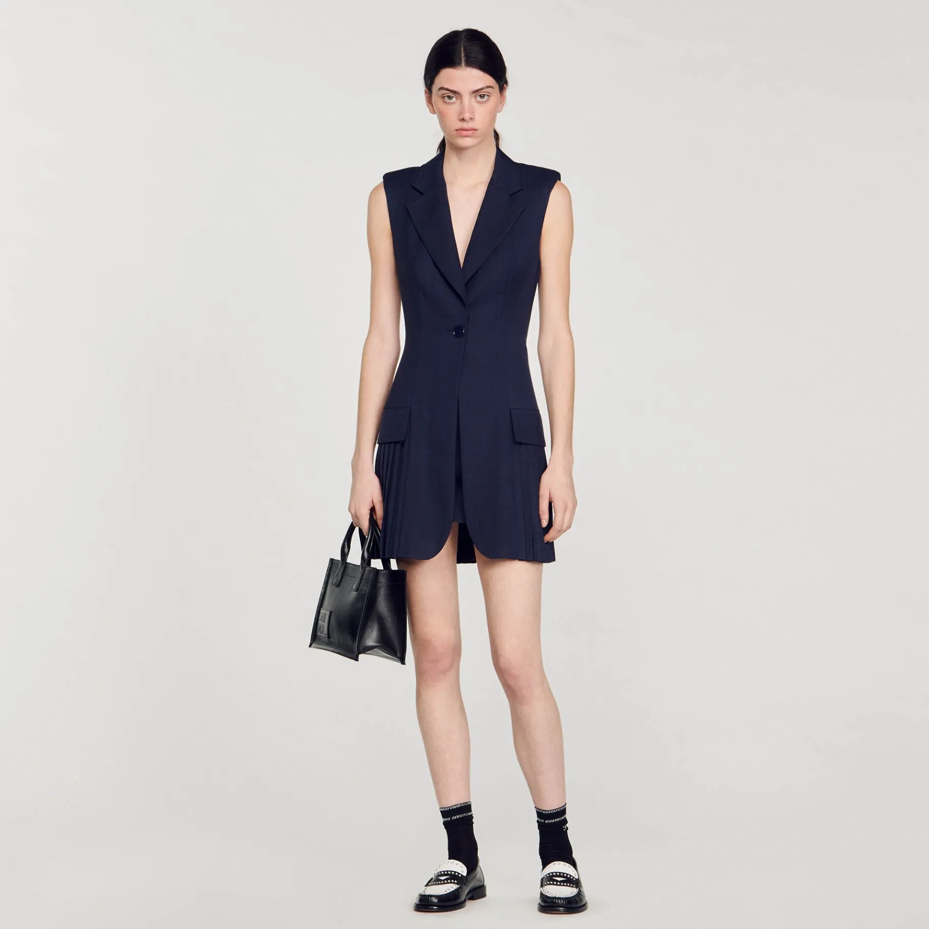 Best SANDRO Robe Courte Tailleur Plissée Bleu marine