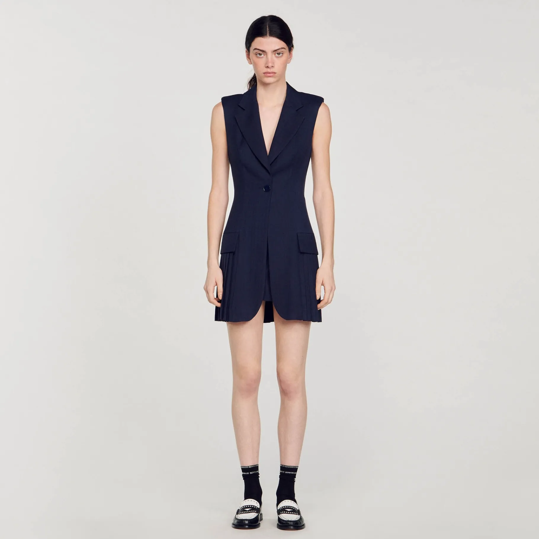 Best SANDRO Robe Courte Tailleur Plissée Bleu marine