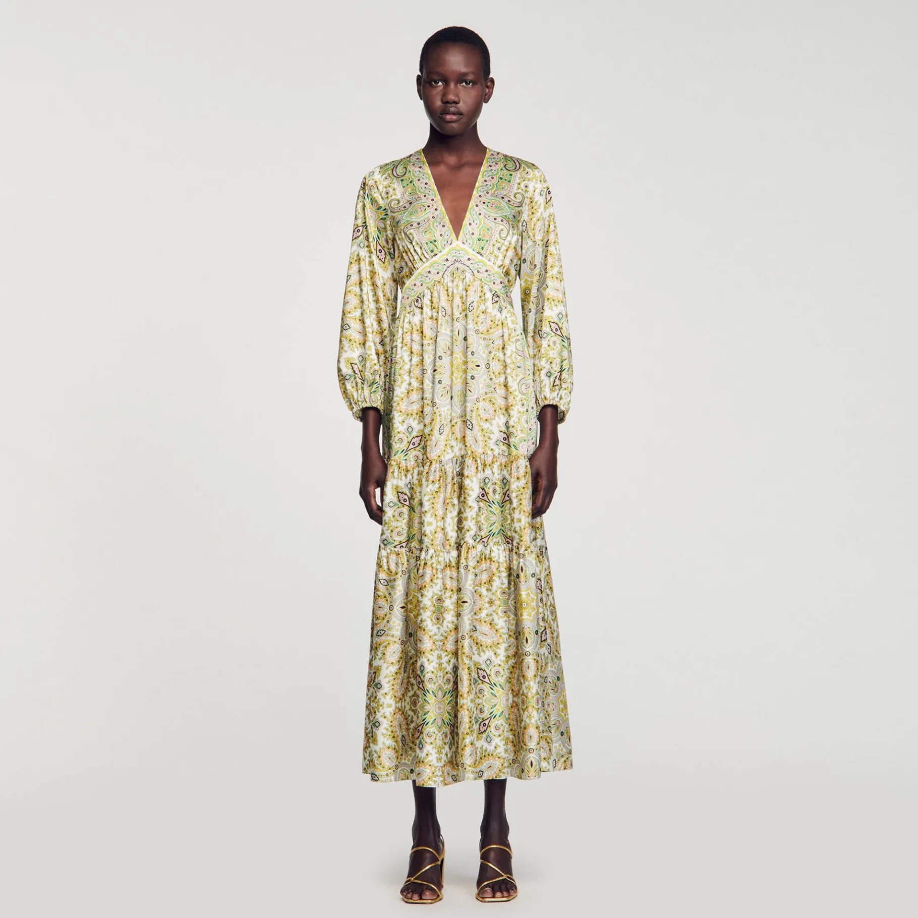 Cheap SANDRO Robe Longue à Imprimé Foulard Ecru / Vert