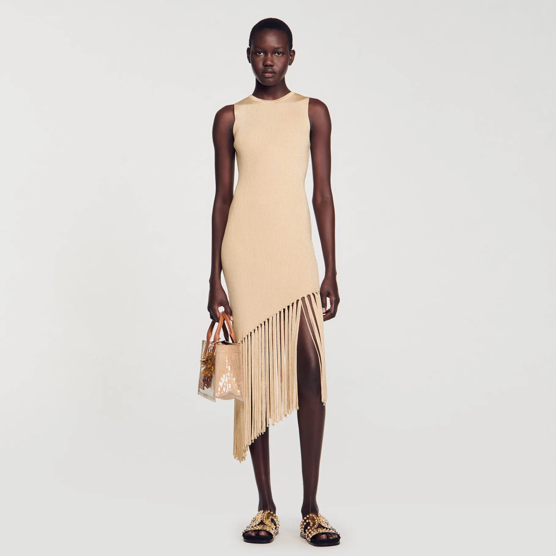 Fashion SANDRO Robe Longue Asymétrique à Franges Or