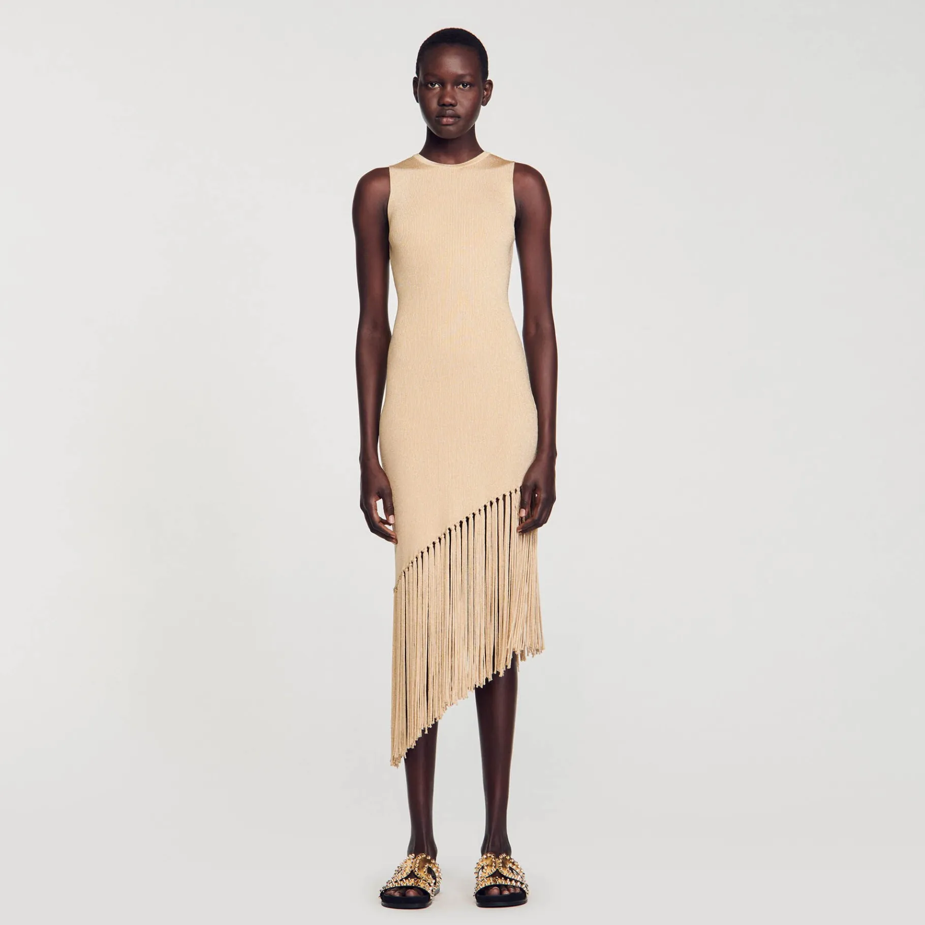 Fashion SANDRO Robe Longue Asymétrique à Franges Or