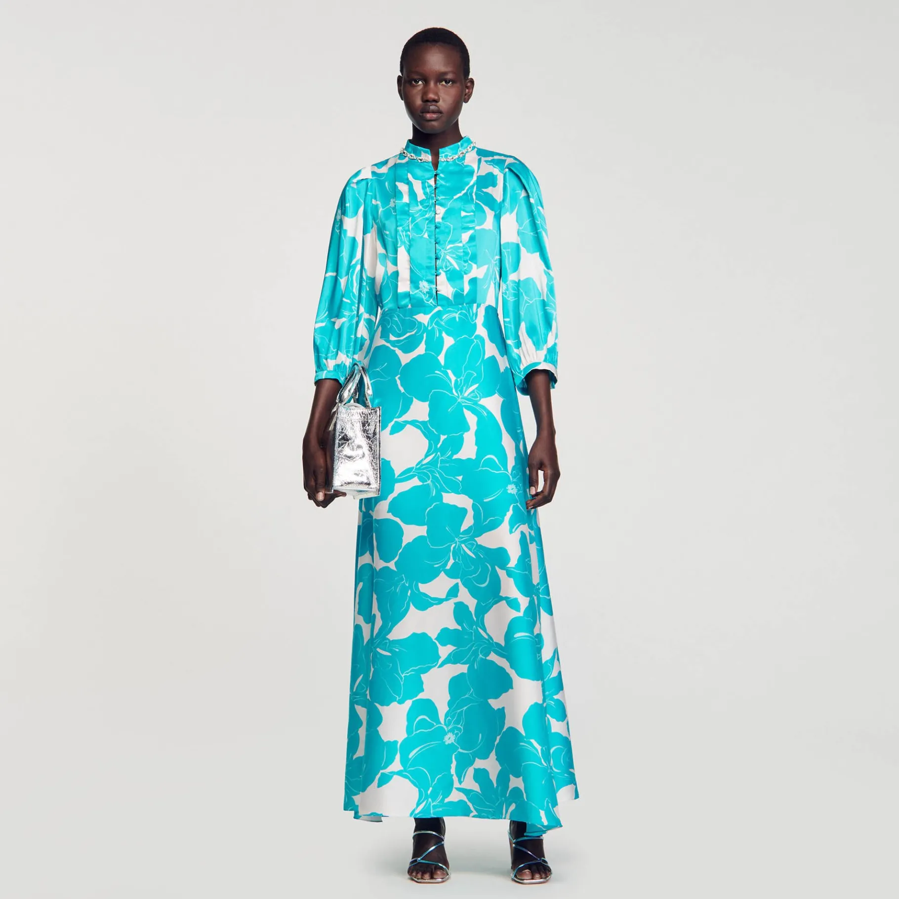Outlet SANDRO Robe Longue Fluide à Imprimé Fleuri Turquoise / Blanc
