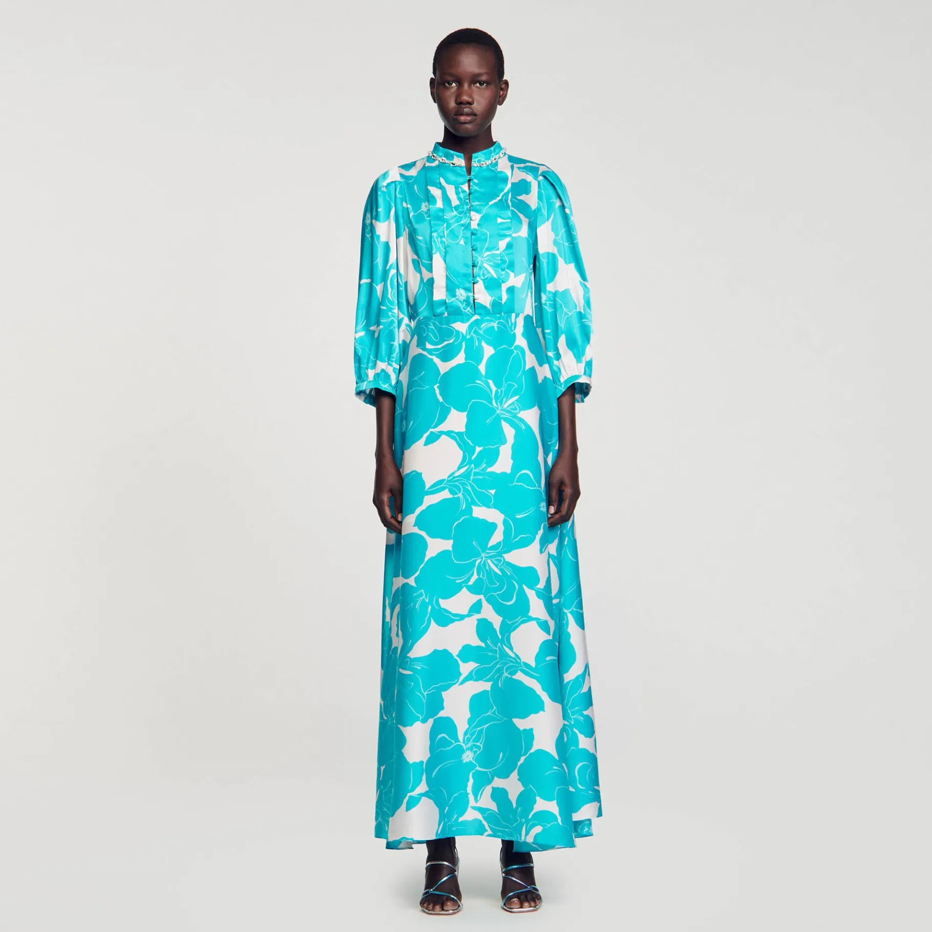 Outlet SANDRO Robe Longue Fluide à Imprimé Fleuri Turquoise / Blanc