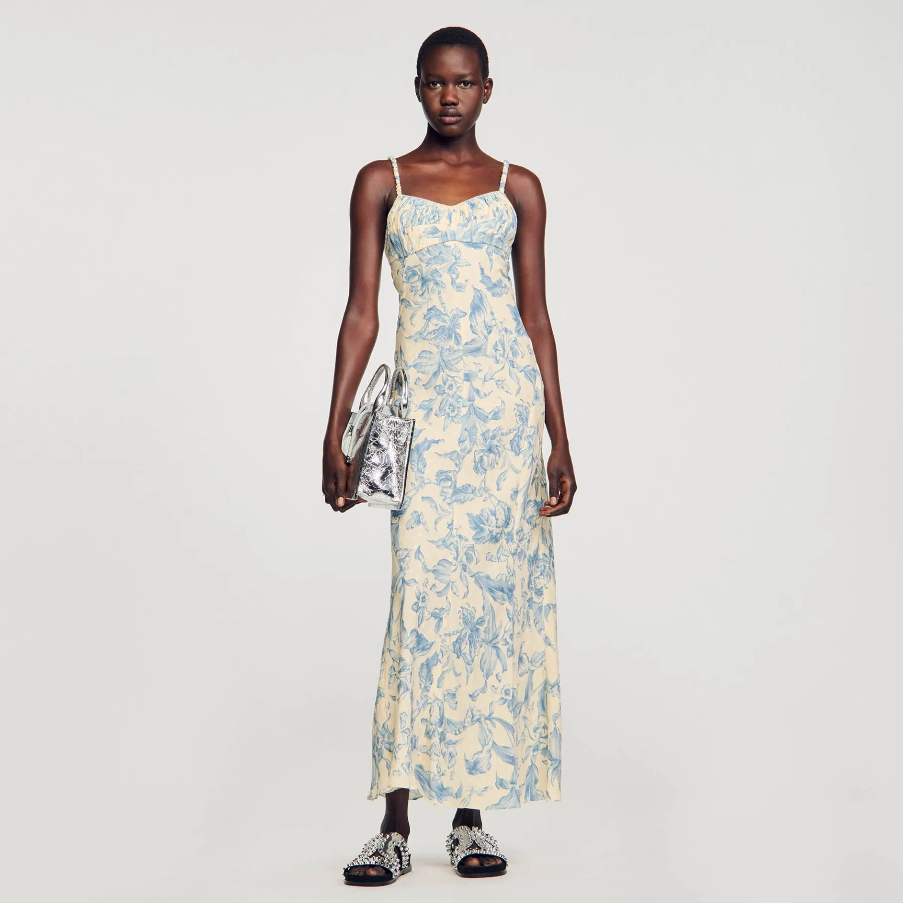Hot SANDRO Robe Longue Imprimée Ecru / Bleu
