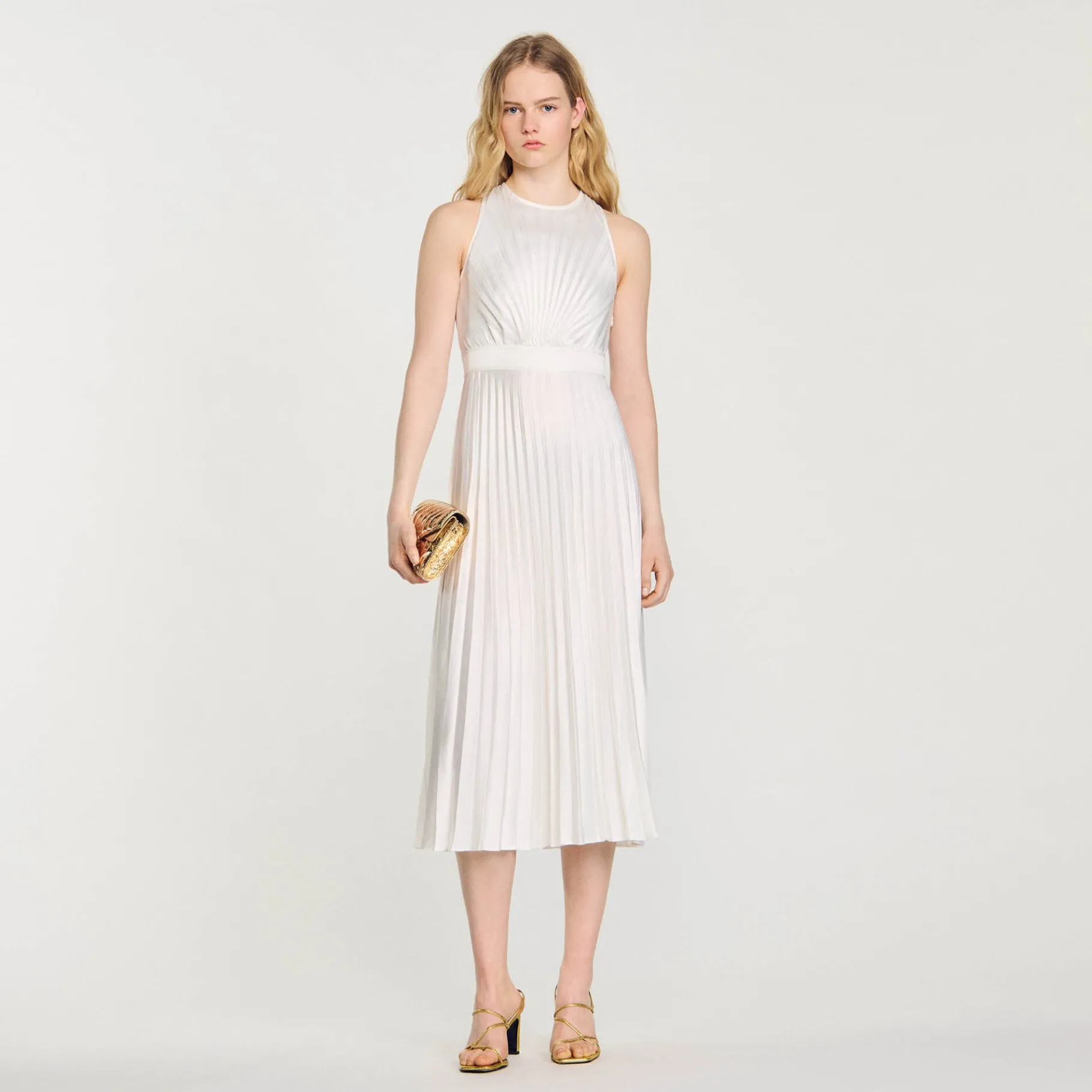 Shop SANDRO Robe Longue Plissée Ecru