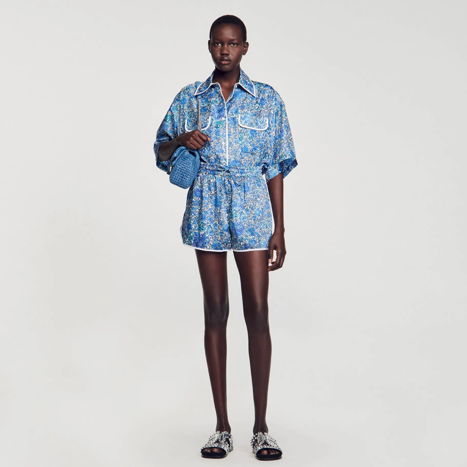 Cheap SANDRO Short à Imprimé Fleuri Bleu / Blanc