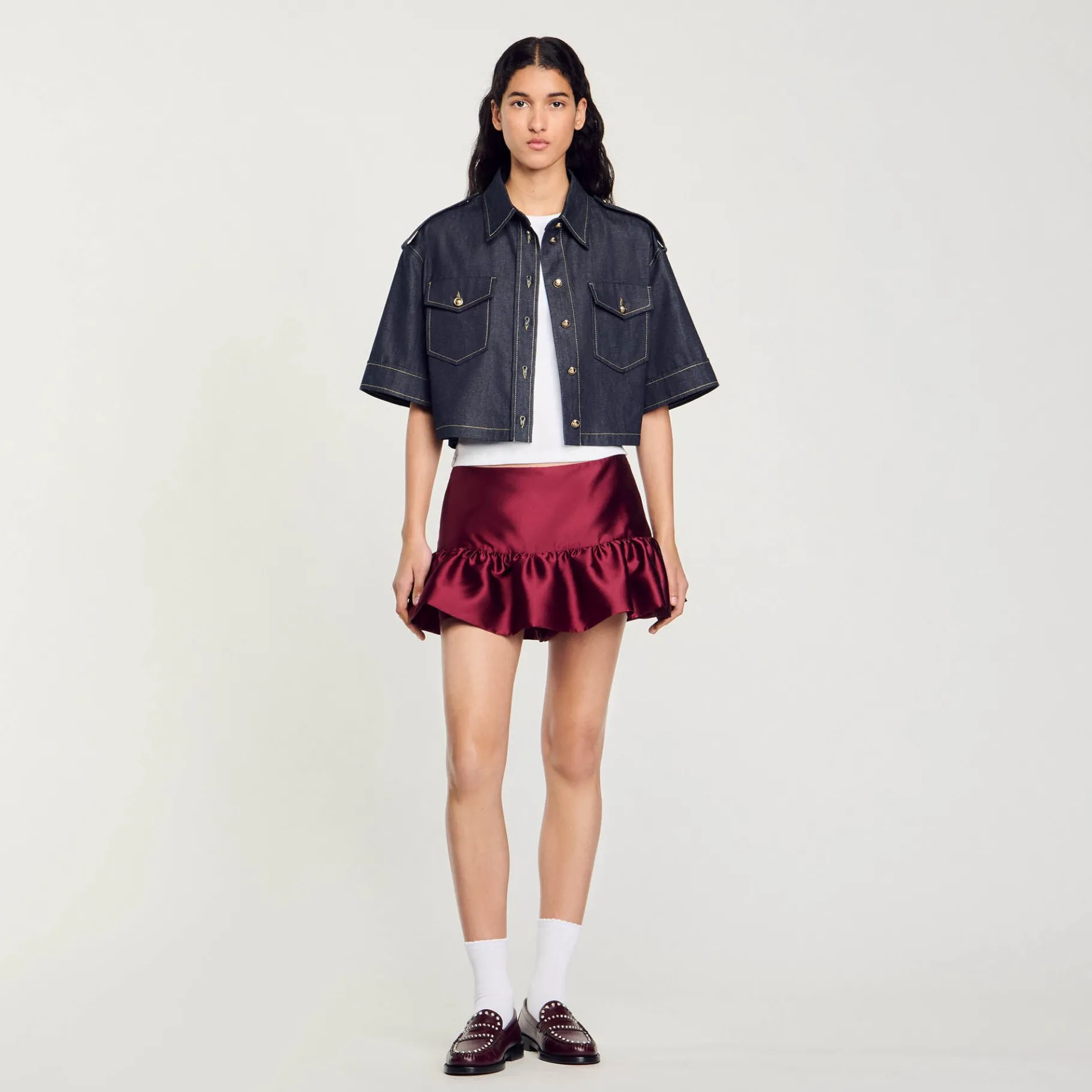 Hot SANDRO Short Jupe En Satin Bordeaux