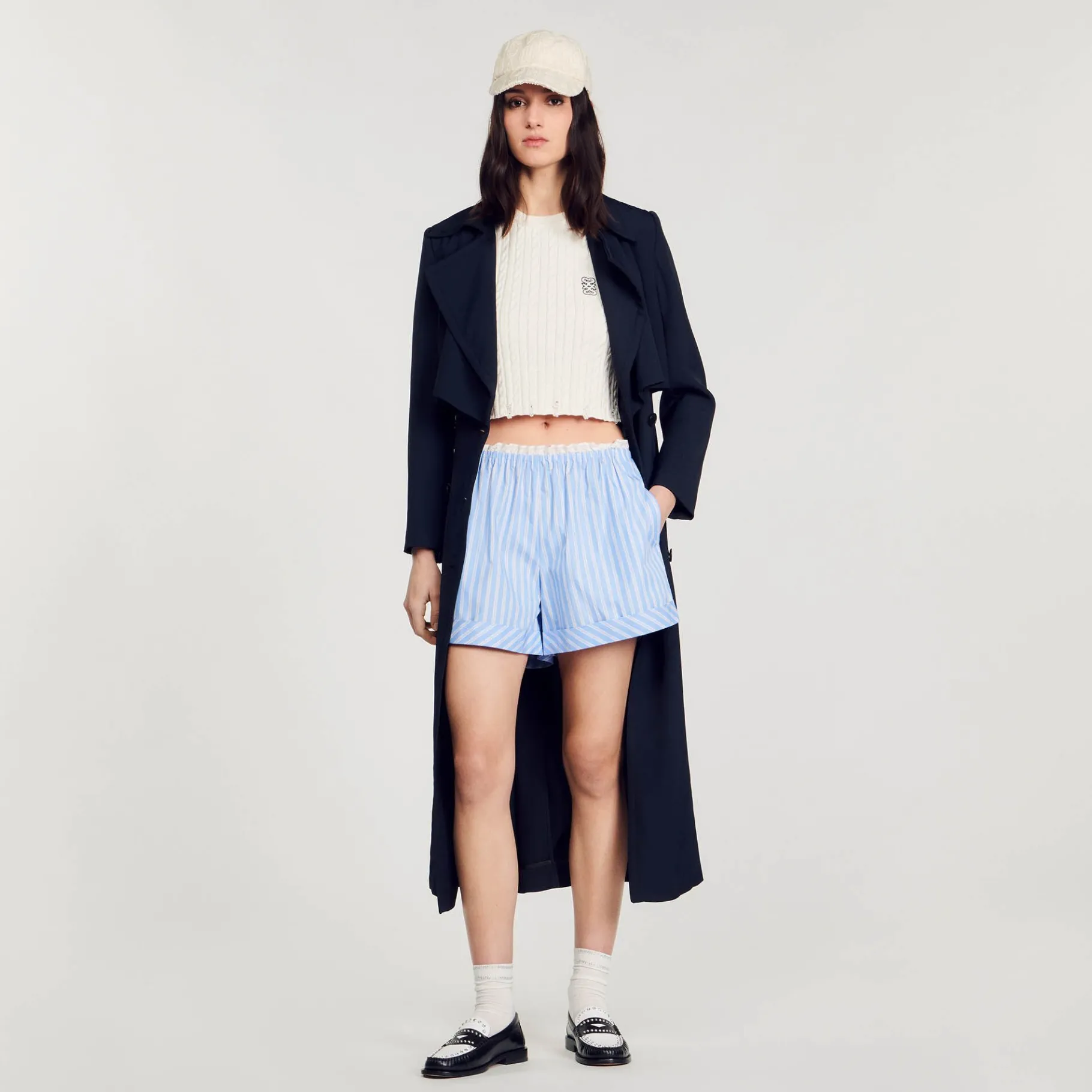 Cheap SANDRO Short Large En Coton Bleu / Blanc