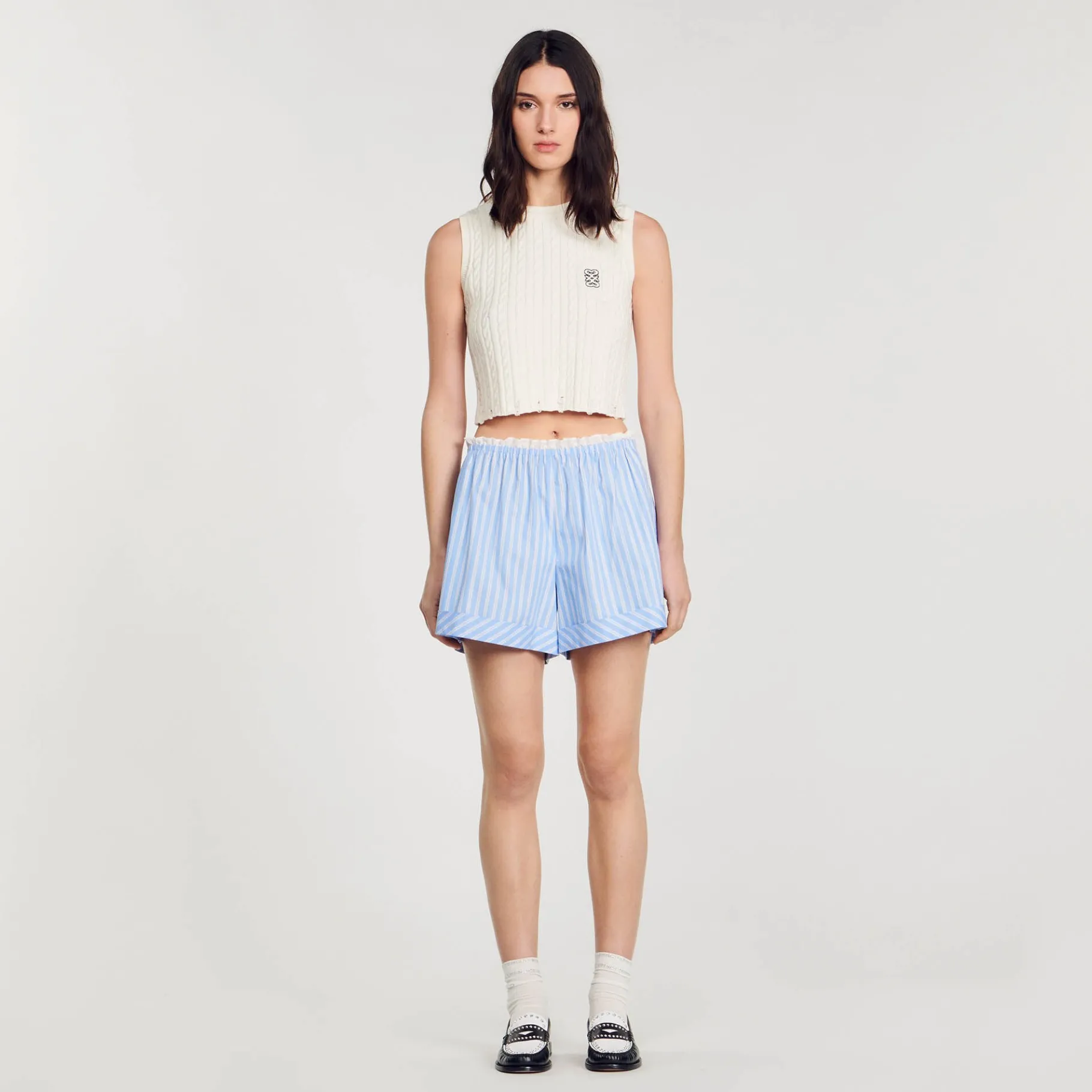 Cheap SANDRO Short Large En Coton Bleu / Blanc