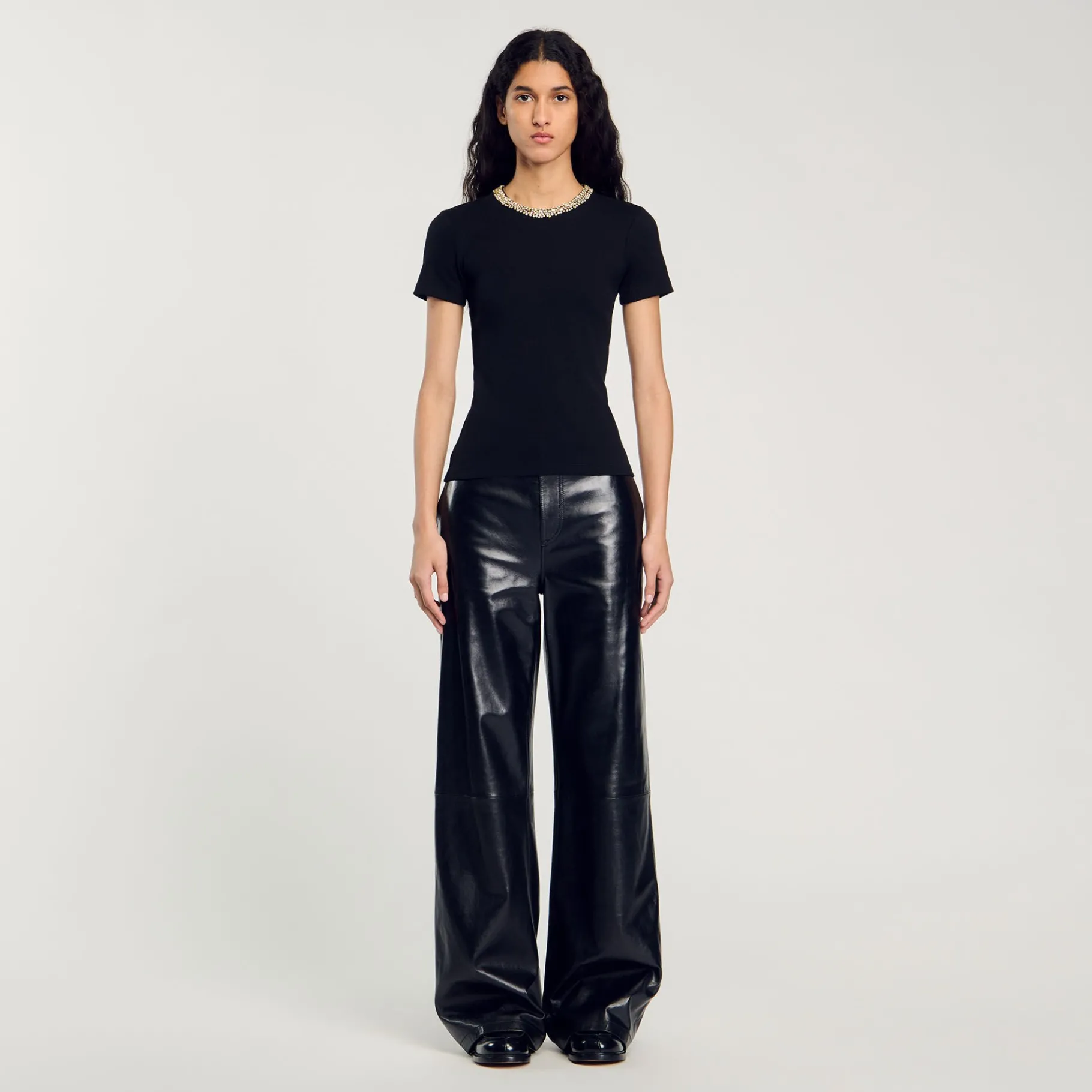 Outlet SANDRO Tee-shirt à Galon Strassé Noir