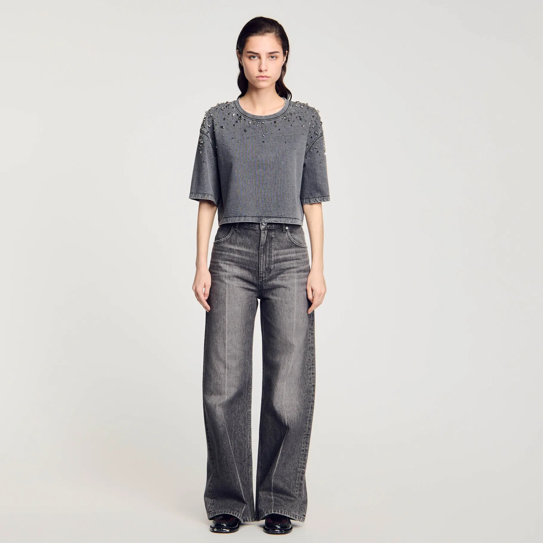 Online SANDRO Tee-shirt Court à Strass Gris