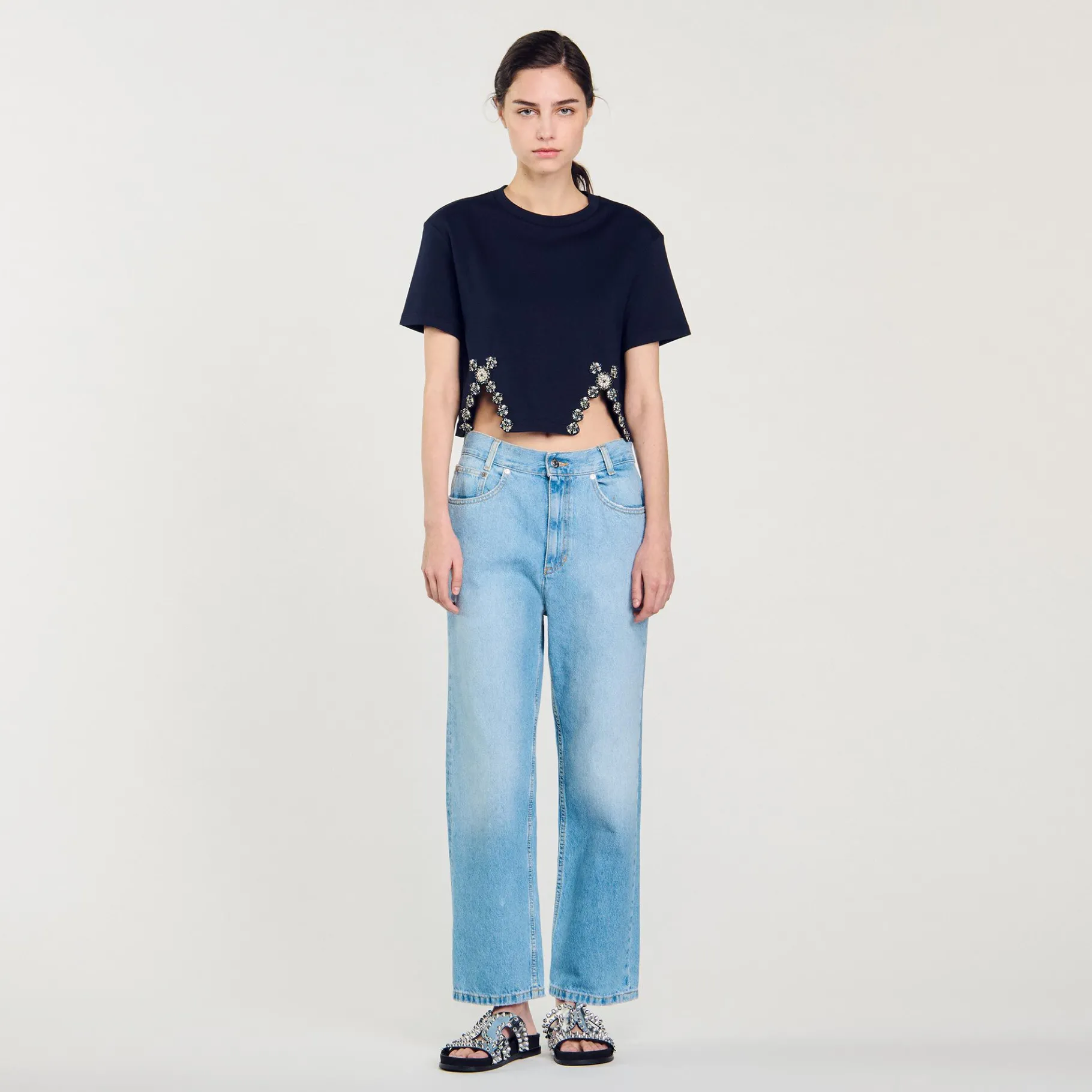 Shop SANDRO T-shirt Court Orné De Strass Bleu marine