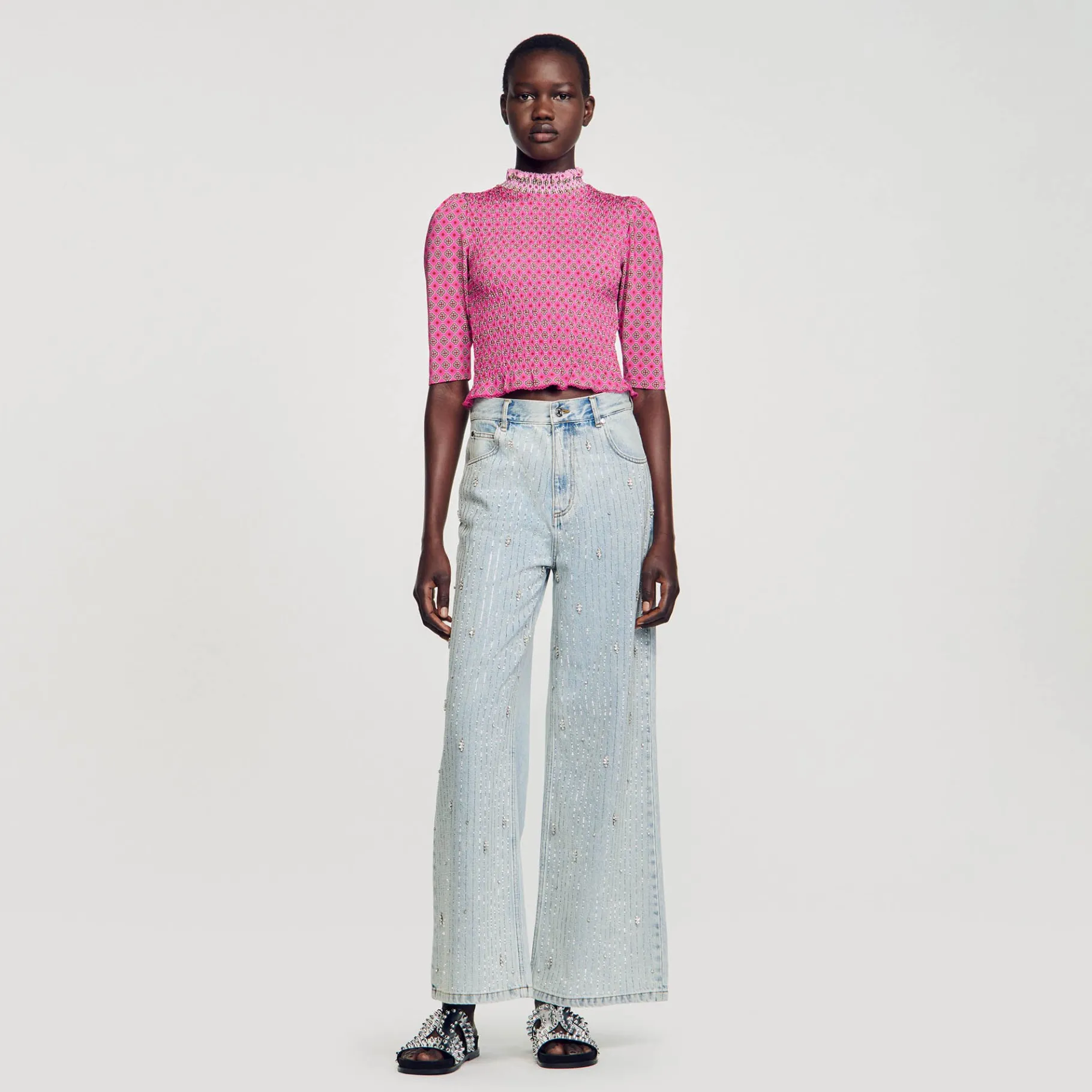 Cheap SANDRO T-shirt Smocké Imprimé Rose