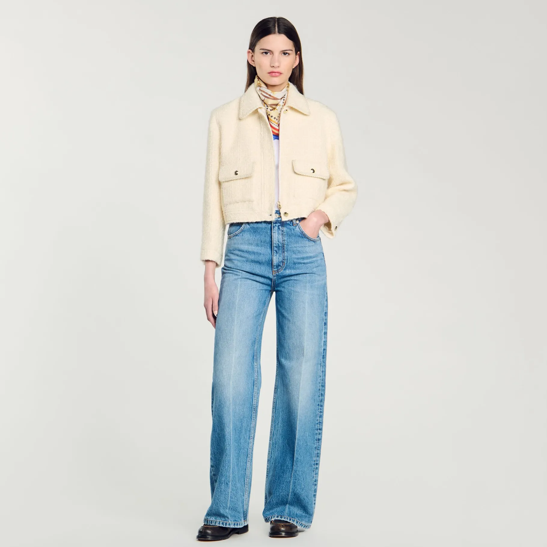 New SANDRO Veste Courte En Tweed Ecru